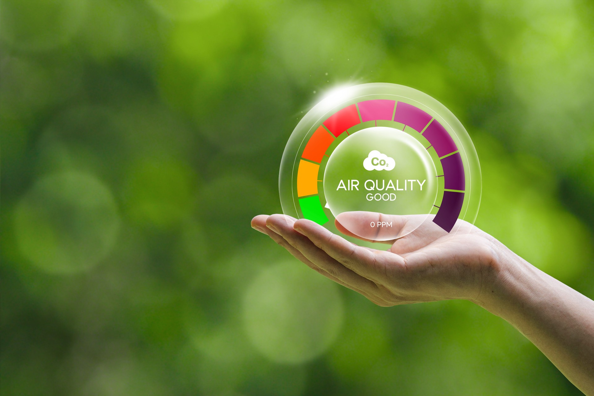 Good air quality and clean outdoor air quality Safe from pollution, PM 2.5 dust, pure natural atmosphere concept. hand with air bubbles, prevention of pollution, dust, bad air